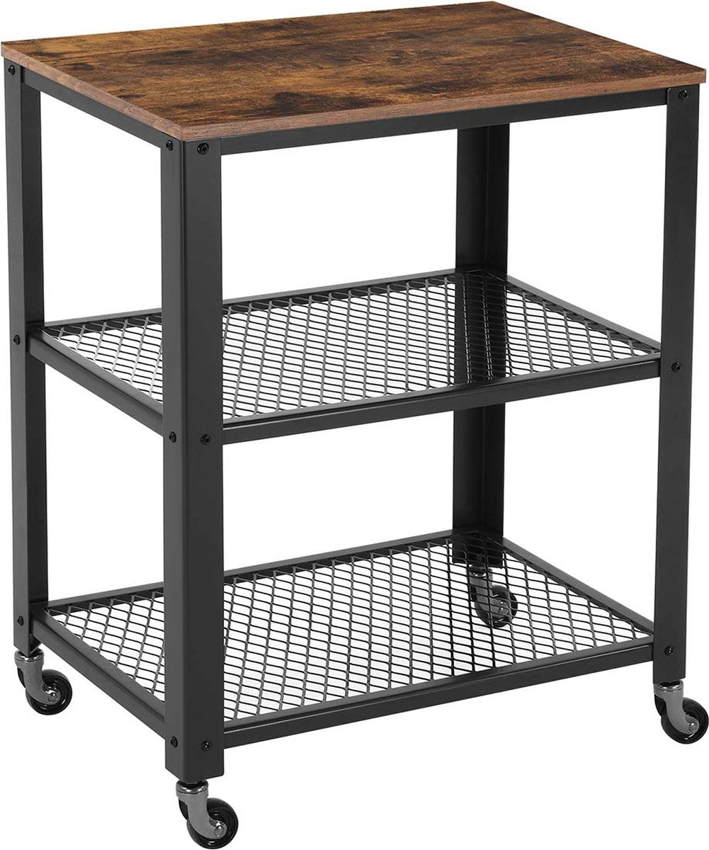 Serve trolley, kitchen trolley, kitchen cabinet, kitchen rack, trolley, kitchen shelf on 4 wheels, steel frame, 3 shelves, for kitchen and living room, guest serving trolley, industrial design, vintage brown-black