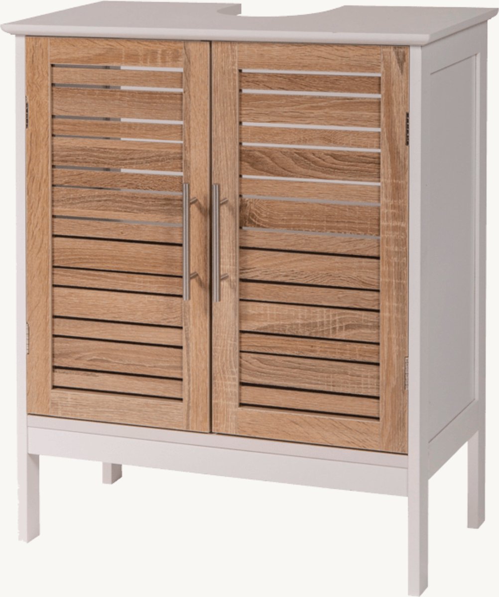 Miami - Wastafelonderkast - Wastafelmeubel - Badkamerkast - Wit/Eiken - H70 x B60 x D30 - Badkameronderkast
