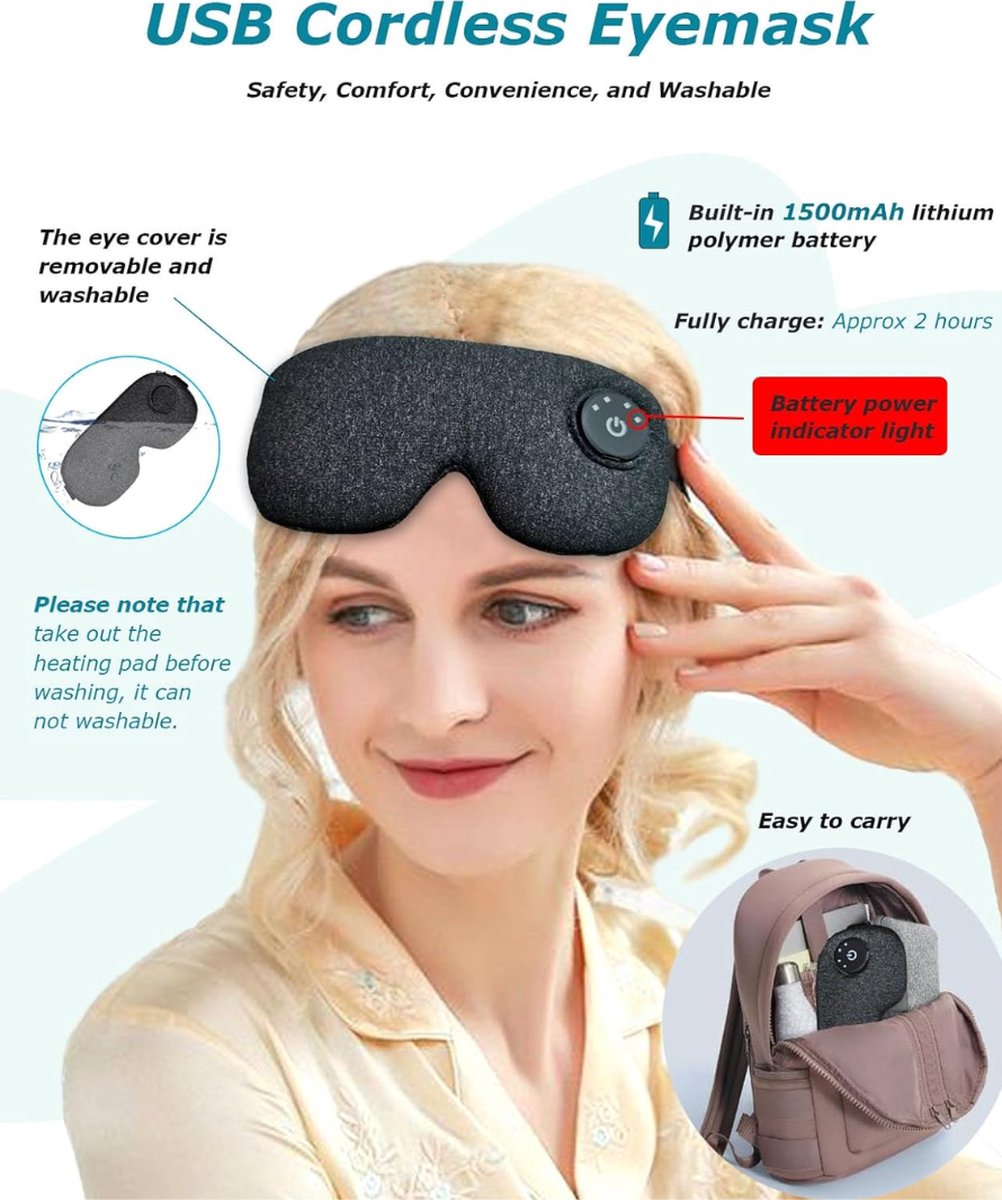 Wireless Heated Eye Mask - Portable Electric Warm Compress for Eyes - Dry Eyes - Blepharitis Treatment - Eye Strain - Styes Eye - MGD - Washable - Dark Grey