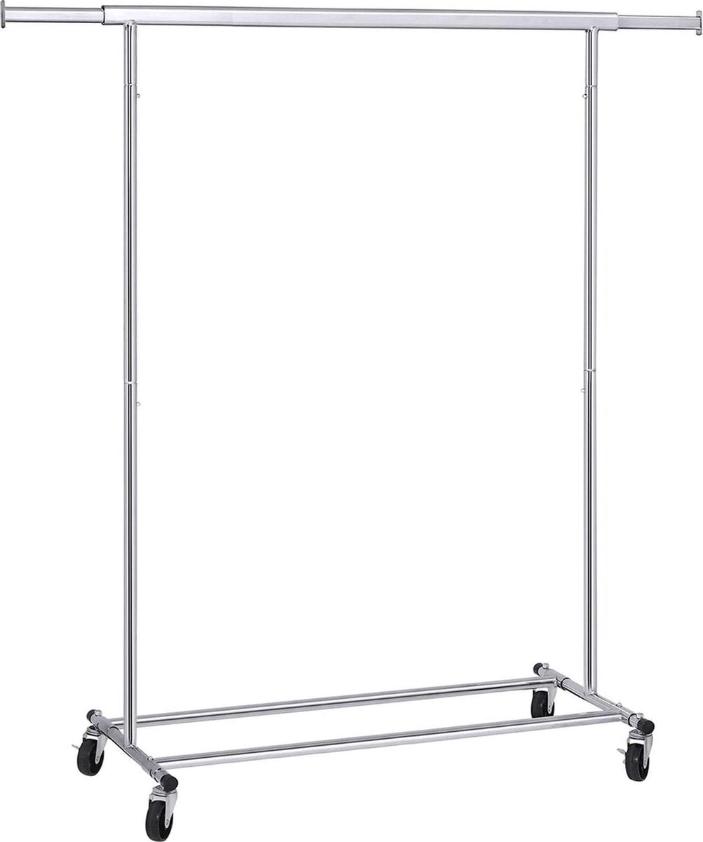 Heavy duty metalen kledingrek, tot 90 kg max. belasting, kledingrek met wielen, inklapbaar, lengte 92-132 cm, verchroomd, industrieel