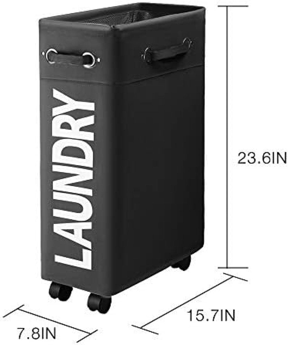 Wasmand met Wieltjes 45L Extra Smal Inklapbare Wasmand met Wielen Opvouwbare Dunne Wasmand met Handvat Praktische Opbergbox voor Slaapkamers en Wasruimte (Zwart o2)