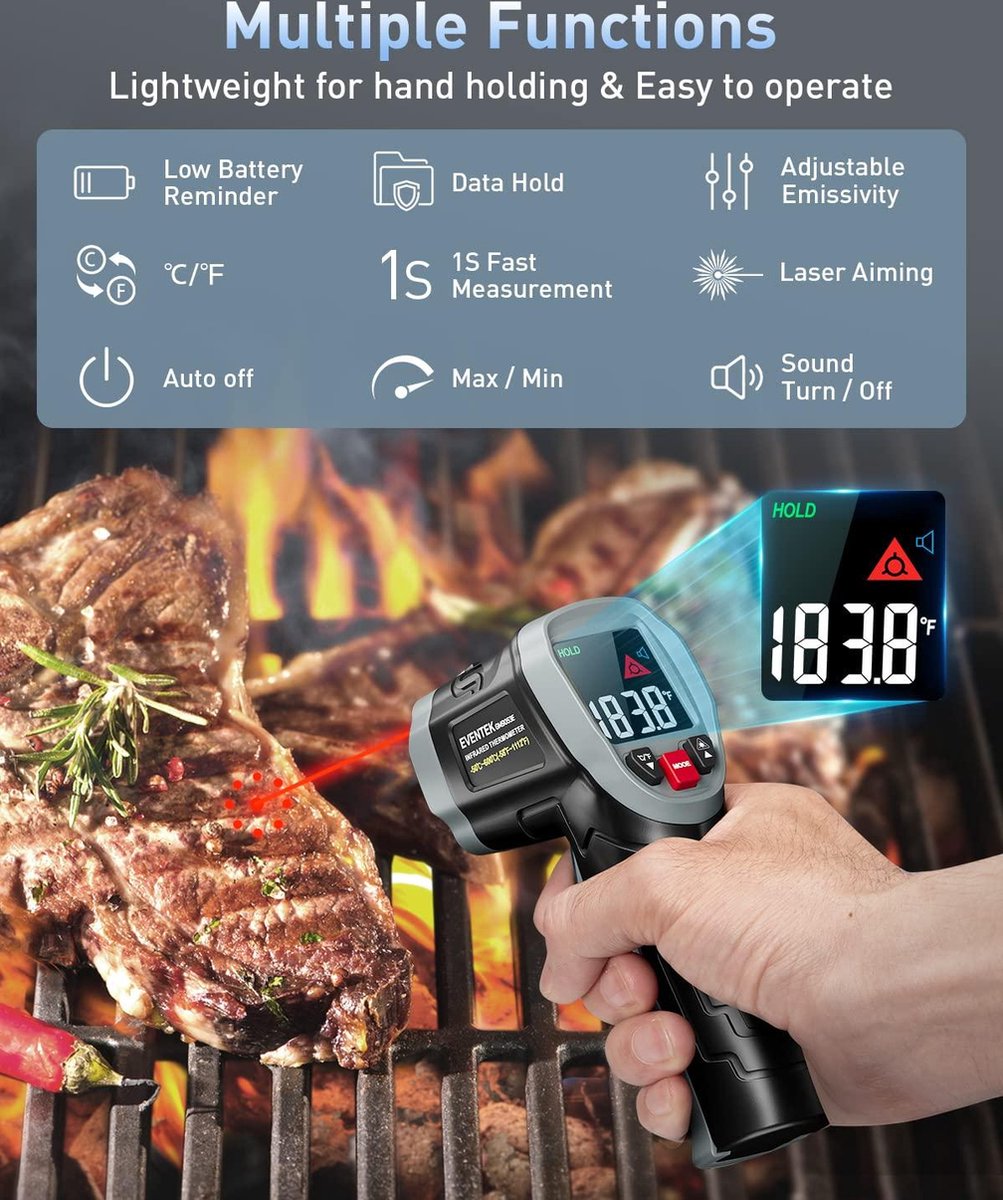Meat Thermometer Infrared Thermometer -50 °C ~ 600 °C -58 °F ~ 1112 °F Non-Contact Digital Laser Temperature Gun with Meat Thermometer & Bag for Kitchen BBQ Industrial Use