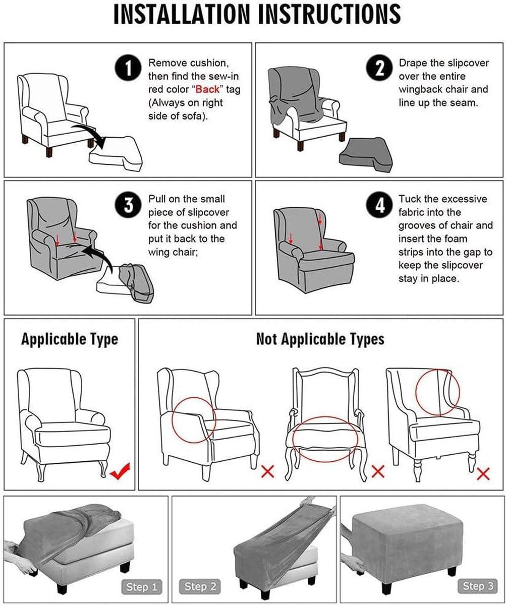 Wingback Chair Covers 2-piece with Ottoman Cover - Stretch Washable Slipcover - Spandex Furniture Protector for Armchair Chairs - Bedroom Hotel (Red Flower)