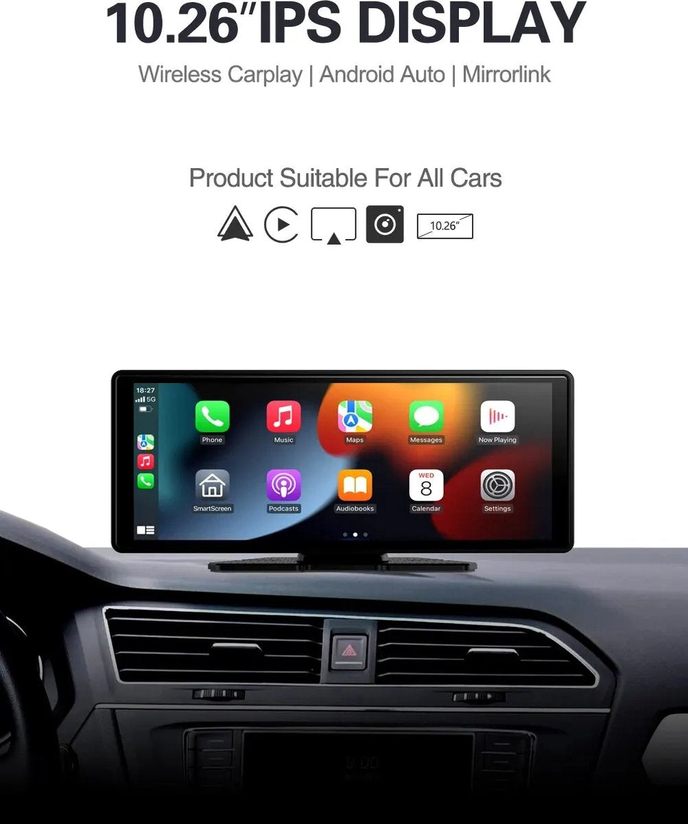 Carplay Scherm - Touchscreen - Navigatiesysteem Auto - Voor Apple & Android - Universeel - Carplay Draadloos - Multimedia Autoradio - 10,26 INCH
