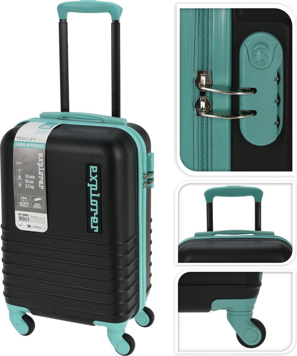 Cabin handbagage reistrolley koffer - zwenkwielen - 34 x 22 x 52 cm - 30 liter - zwart/mint - cijferslot