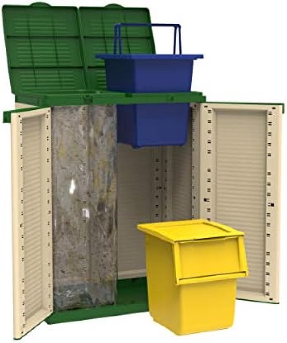 EcoTab 2 afvalscheidingskast, voor binnen en buiten, 2 aparte vakken, kleur: beige/groen, materiaal: kunststof, afmetingen: 68 x 39 x 88,7 cm