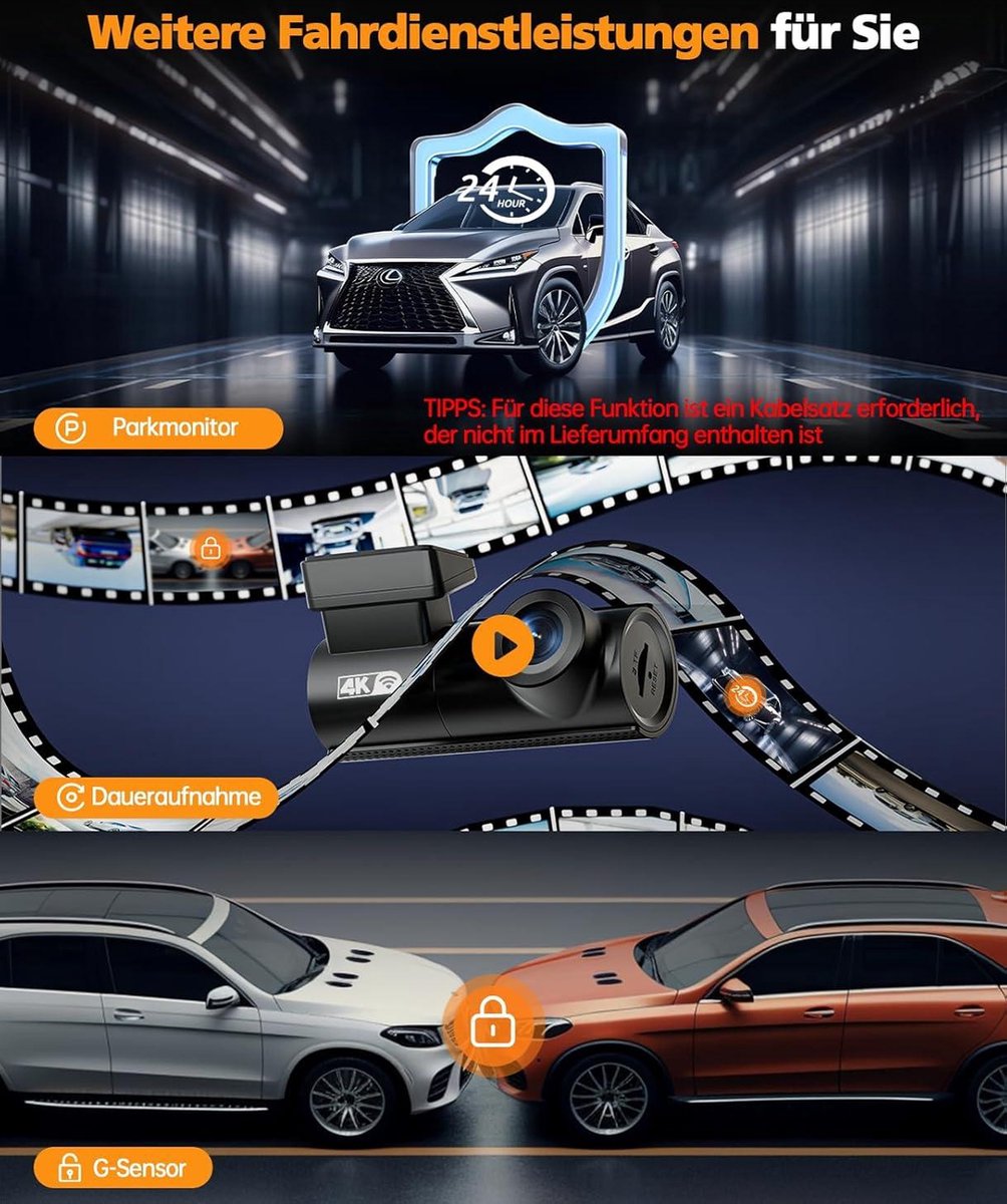 4K Auto Dashcam - Ingebouwde wifi - 2160P Dash Camera - 64 GB SD-kaart - Groothoeklens - App-bediening - Dashboard Camera Recorder - Super Nachtzicht - Parkeerbewaking - G-sensor Dashcam voor auto