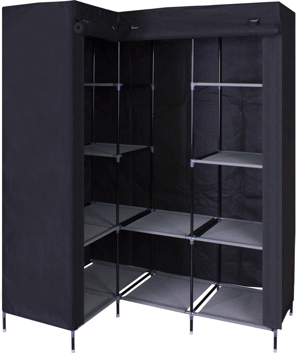 HK1Z Opvouwbare kledingkast – 126 x 40 x 170 cm – 9 legplanken – Stalen frame – 90KG draagkracht – Stoffen garderobekast – Legkast hoekmodel – Ruimtebesparende kleerkast – Kampeerkast – 126 x 40 x 170 cm – Zwart