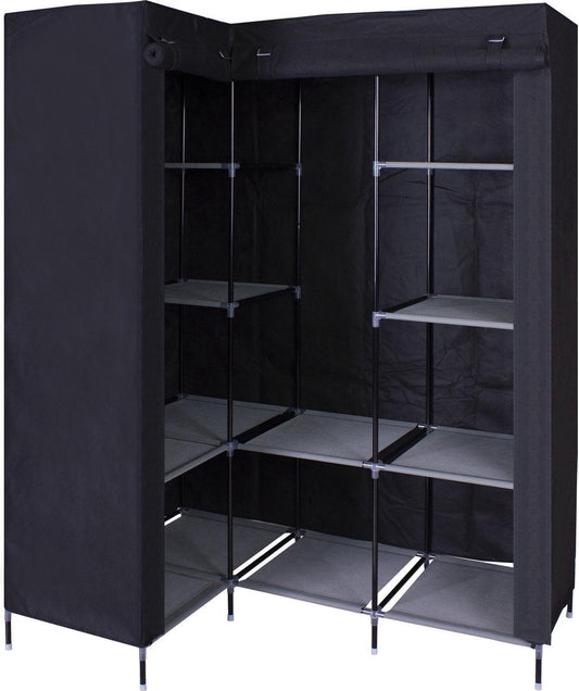 HK1Z Opvouwbare kledingkast – 126 x 40 x 170 cm – 9 legplanken – Stalen frame – 90KG draagkracht – Stoffen garderobekast – Legkast hoekmodel – Ruimtebesparende kleerkast – Kampeerkast – 126 x 40 x 170 cm – Zwart