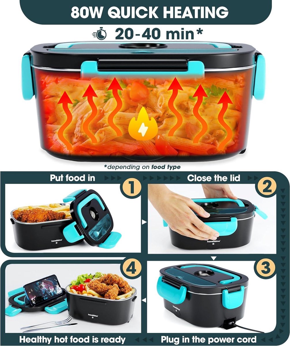 Elektrische Lunchbox Voedselverwarmer 3 in 1 80W - Draagbare Voedselwarmer voor Auto Vrachtwagen Thuis en Werk - met 1.5L Verwijderbare Roestvrijstalen Voedselverwarmer Container - Warmhoudbak 12V+24V+220V