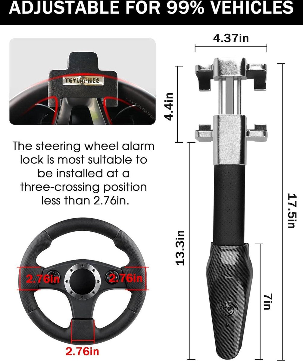Vergrendelbare stuurklem met alarm 120 dB - stuurslot auto stuurwiel - intrekbaar universele pasvorm zilver stuurslot auto met keurmerk