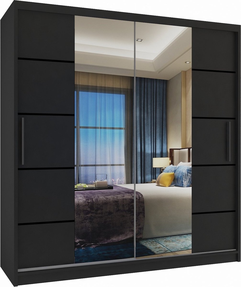 Wardrobe black 158 cm wide with mirror and 2 drawers