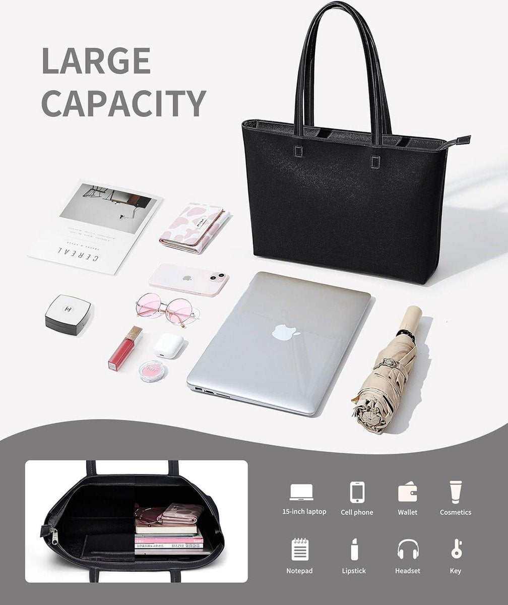 Large Shopper Bag for Women - Waterproof PU Leather Handbag with Zipper for Work and Travel Zipper Tote Bag