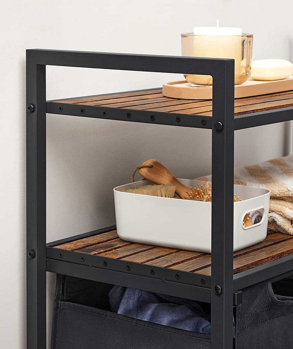 wasmand, wasverzamelaar, 2 compartimenten, 2 planken, wasbak, waszak uitschuifbaar en verwijderbaar, per zak 46 liter, voor badkamer, wasruimte, vintage bruin-zwart BLH211B01