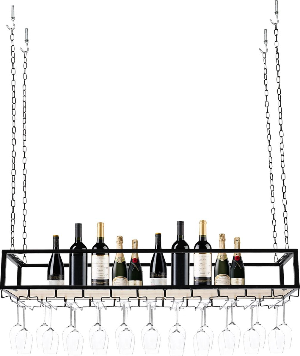 Wine Rack - Hanging - With Glass Holder - Adjustable Chains up to 1M - Industrial - Ceiling Mount - 110cm - Load Capacity 75 kg