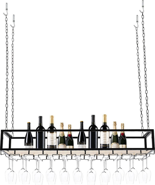 Wine Rack - Hanging - With Glass Holder - Adjustable Chains up to 1M - Industrial - Ceiling Mount - 110cm - Load Capacity 75 kg