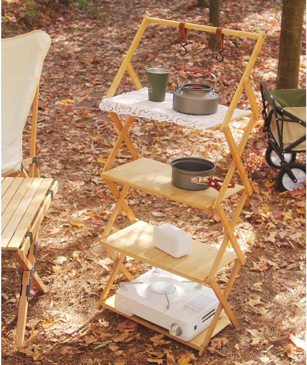 Folding Camping Cupboard - Camping Cabinet - Outdoor Organizer - Bamboo - 4 Shelves