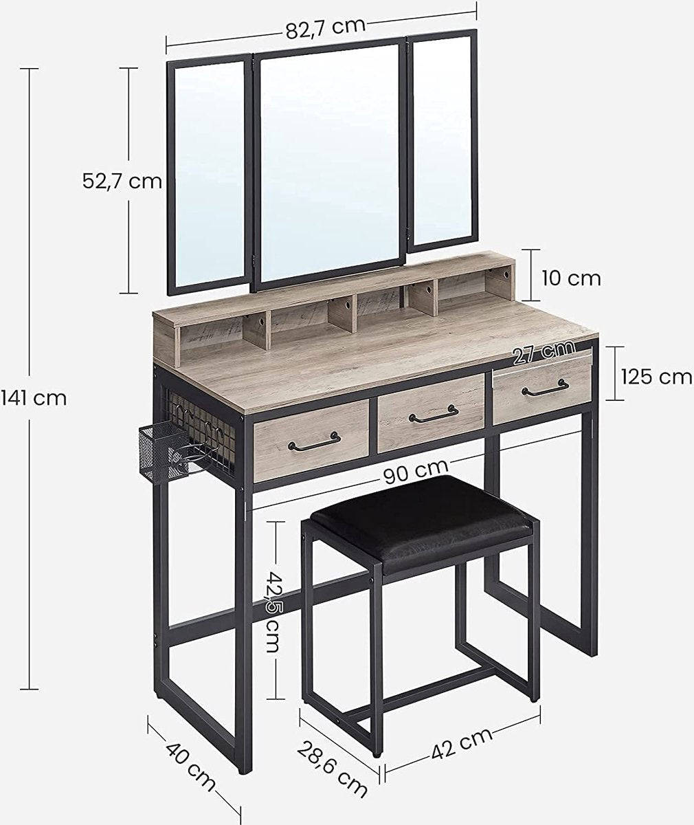 Toilettafel, Make-uptafel met inklapbare spiegel uit 3 delen, Föhnhouder, Kaptafel met gestoffeerde kruk, 3 lades, Industrieel ontwerp, Greige-zwart RVT004B02