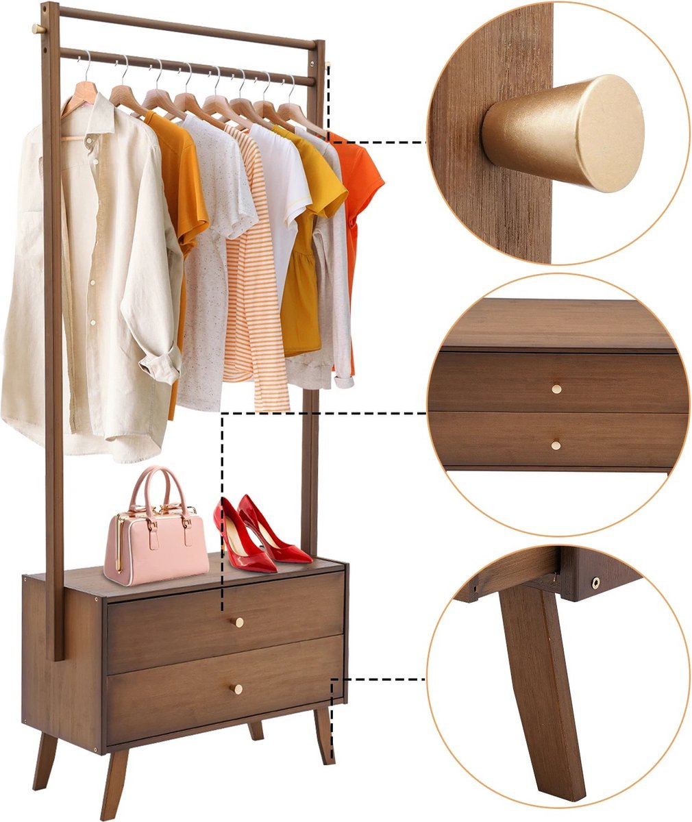 Decotopia - Kapstok - Garderobe - Rek - Met Lades - Kledingrek - Jassenhanger - 70 cm - Bruin