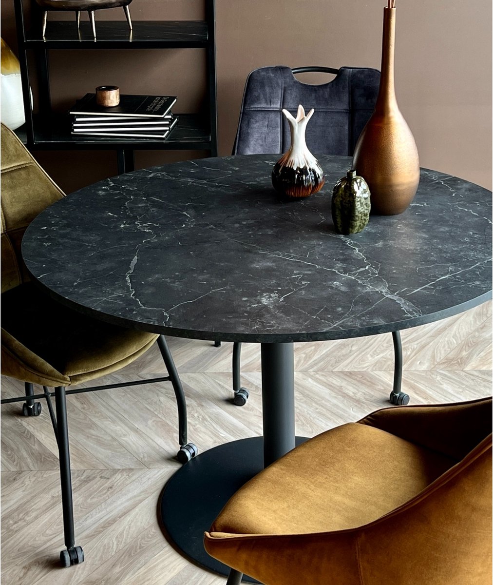 Eettafel Heeze - Marmer - Zwart - Ø 110 cm - 74 cm hoog - Rond - Eetkamertafel - Keukentafel