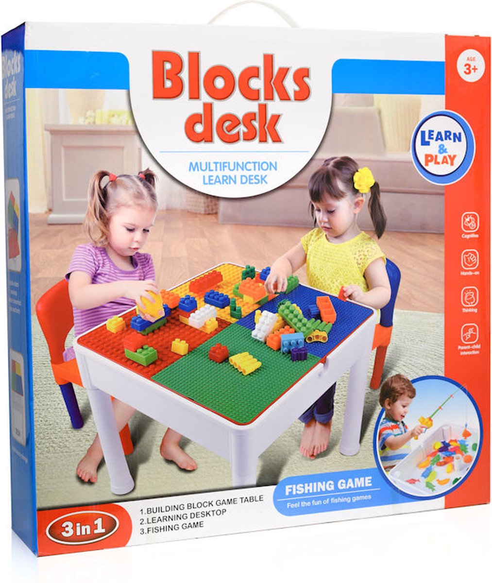 Decopatent® - Kindertafel met 2 Stoeltjes - Speeltafel met bouwplaat en vlakke kant - Geschikt voor Lego® & Duplo® Bouwstenen