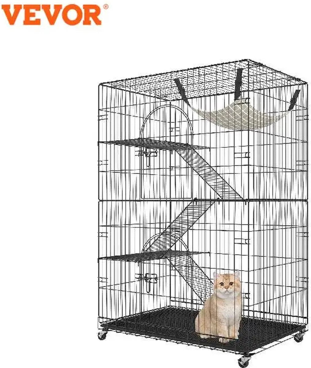 Verplaatsbaar Dierenverblijf - Kattenren - Kattenbench - Binnen & Buiten - Zwart - 90x60x133CM - Ook Geschikt Voor Cavia, Fret, Konijn, Hamster,, Vogel - Draadkooi - Groot Formaat - Inklapbaar - 4 Lagen - 30KG Draagvermogen