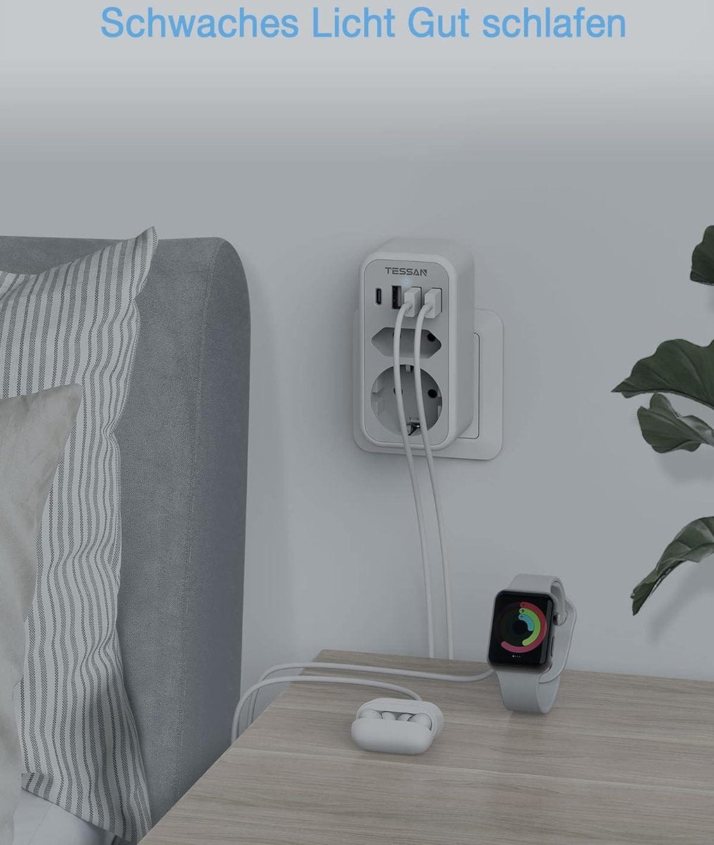 Dubbele Stekkeradapter Stopcontact USB C - 2-voudig met 4 USB Netstekker - Meervoudige Stekker en USB C Adapter Grijs