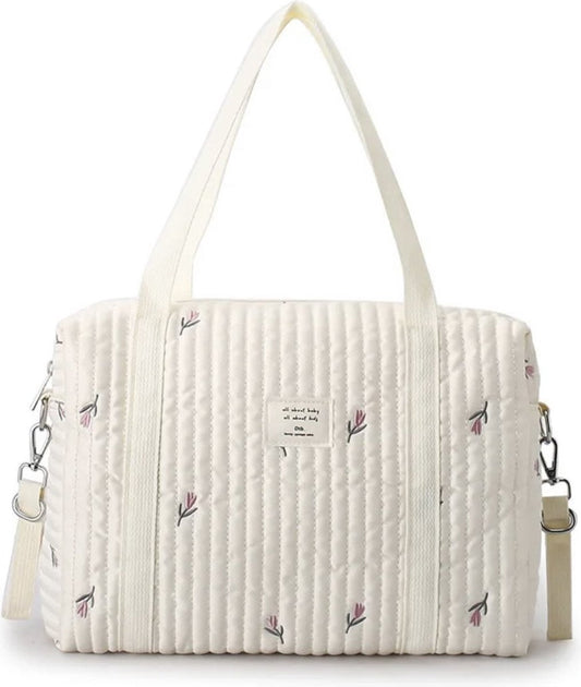 Luiertas - Mombag - Schoudertas - Verzorgingstas - Kraamcadeau - Groot - Bloemmotief - Tulp - Beige