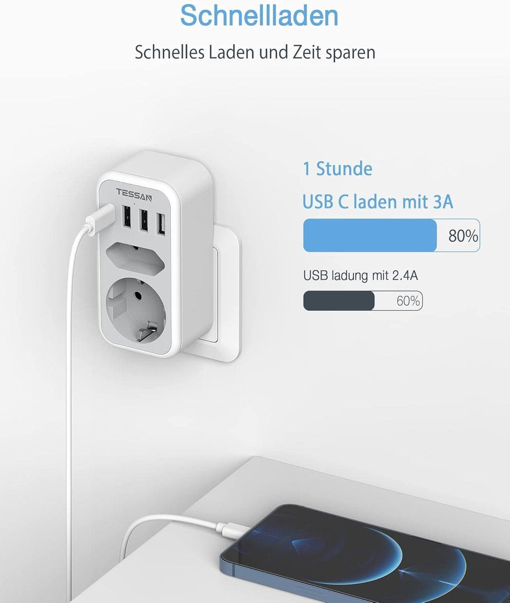 Dubbele Stekkeradapter Stopcontact USB C - 2-voudig met 4 USB Netstekker - Meervoudige Stekker en USB C Adapter Grijs