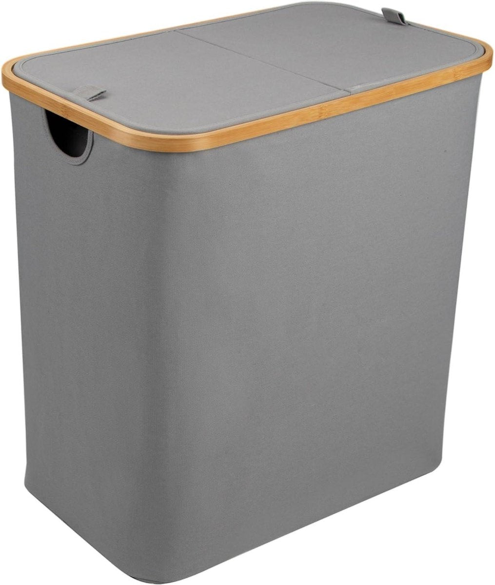 Large Laundry Basket 2 Compartments 150 Litres Bamboo Fabric Light Grey - Laundry Sorter With Lid - Anthracite Black