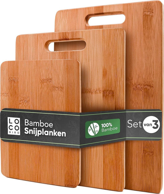 Loco Bird massieve bamboe snijplank set van 3 - 33x22 / 28x22 / 15x22cm - Houten keuken snijplank - Houten antibacteriële snijplank