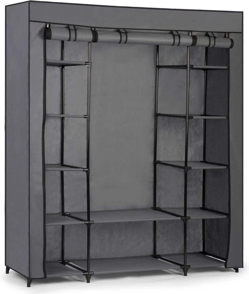 Double Canvas Wardrobe - Foldable Wardrobe - With Clothes Hanging Rail and storage shelves - Fabric Hanging Wardrobe & Shelving Unit - Wardrobe - Dimensions 170 x 135 x 45 cm