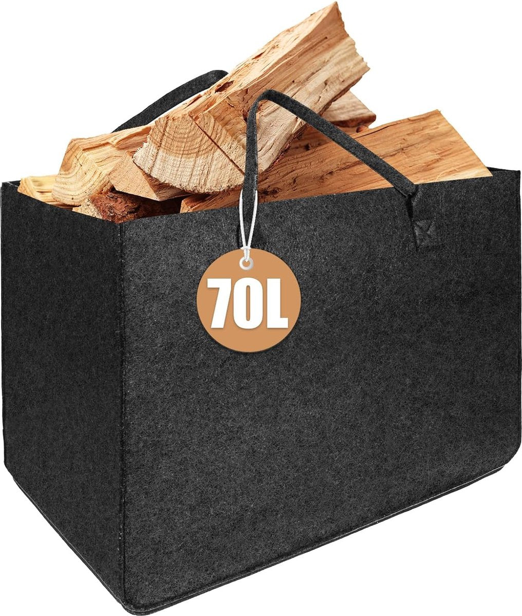 XXL 70 liter houten mand voor haardhout, opvouwbare grote brandhoutmand met 5 mm dik vilt, vilten tas, shopper, vilten mand voor hout, speelgoed, kranten, fruit, kleding, 55 x 30 x 40 cm
