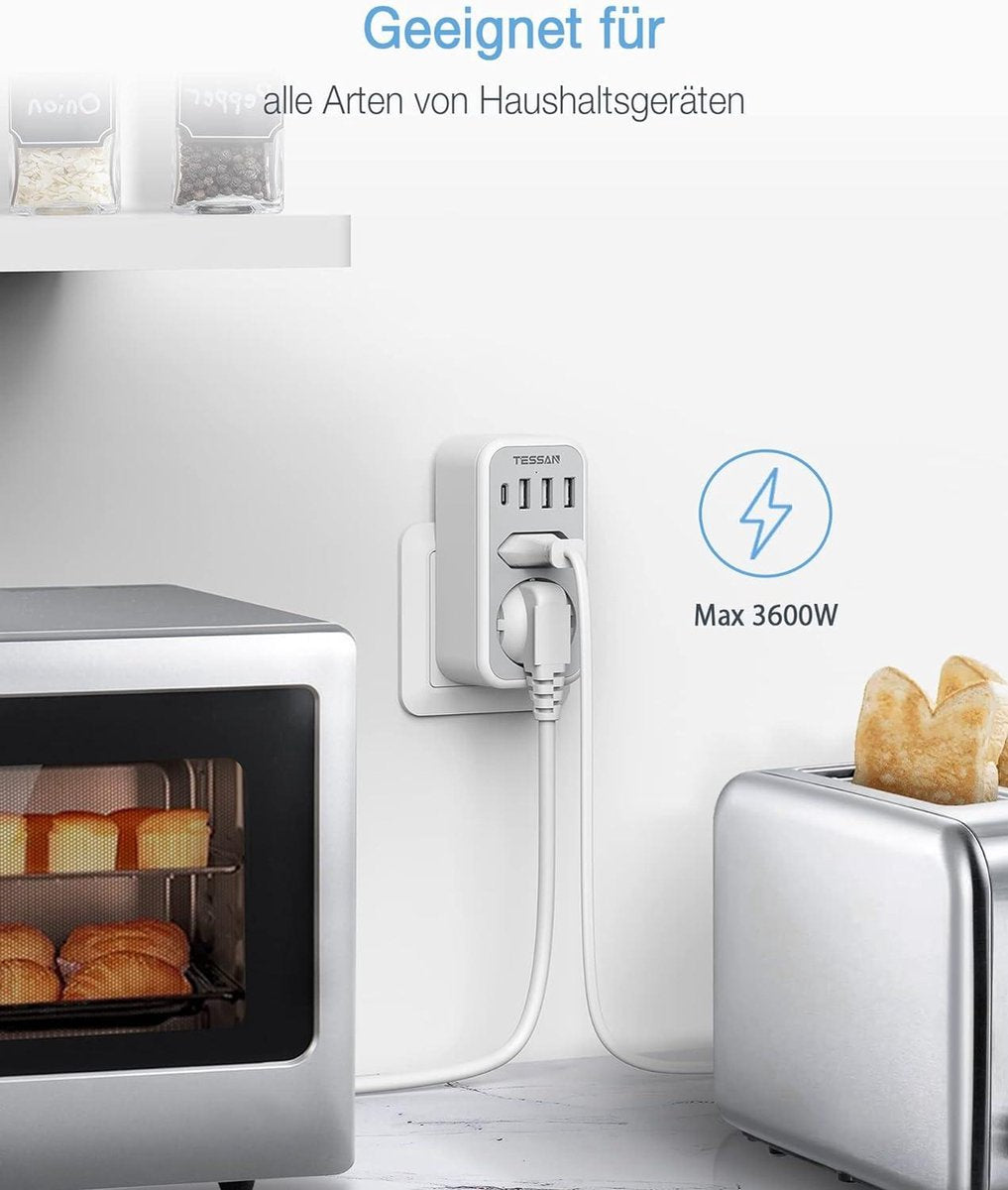 Dubbele Stekkeradapter Stopcontact USB C - 2-voudig met 4 USB Netstekker - Meervoudige Stekker en USB C Adapter Grijs