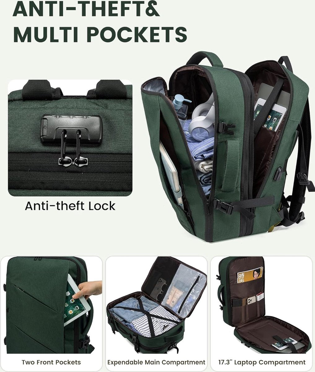 Reisrugzak, handbagage, vliegtuig, rugzak, handbagage, vliegtuig, zakelijke rugzak, heren, dames, uitbreidbaar, laptoprugzak voor 17,3 inch voor weekends, donkergroen