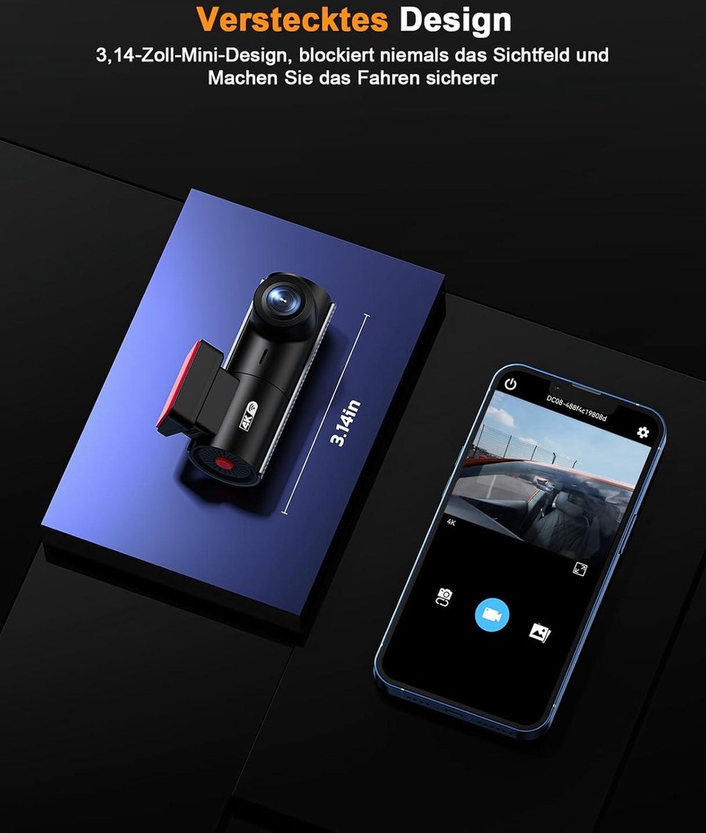 4K Auto Dashcam - Ingebouwde wifi - 2160P Dash Camera - 64 GB SD-kaart - Groothoeklens - App-bediening - Dashboard Camera Recorder - Super Nachtzicht - Parkeerbewaking - G-sensor Dashcam voor auto