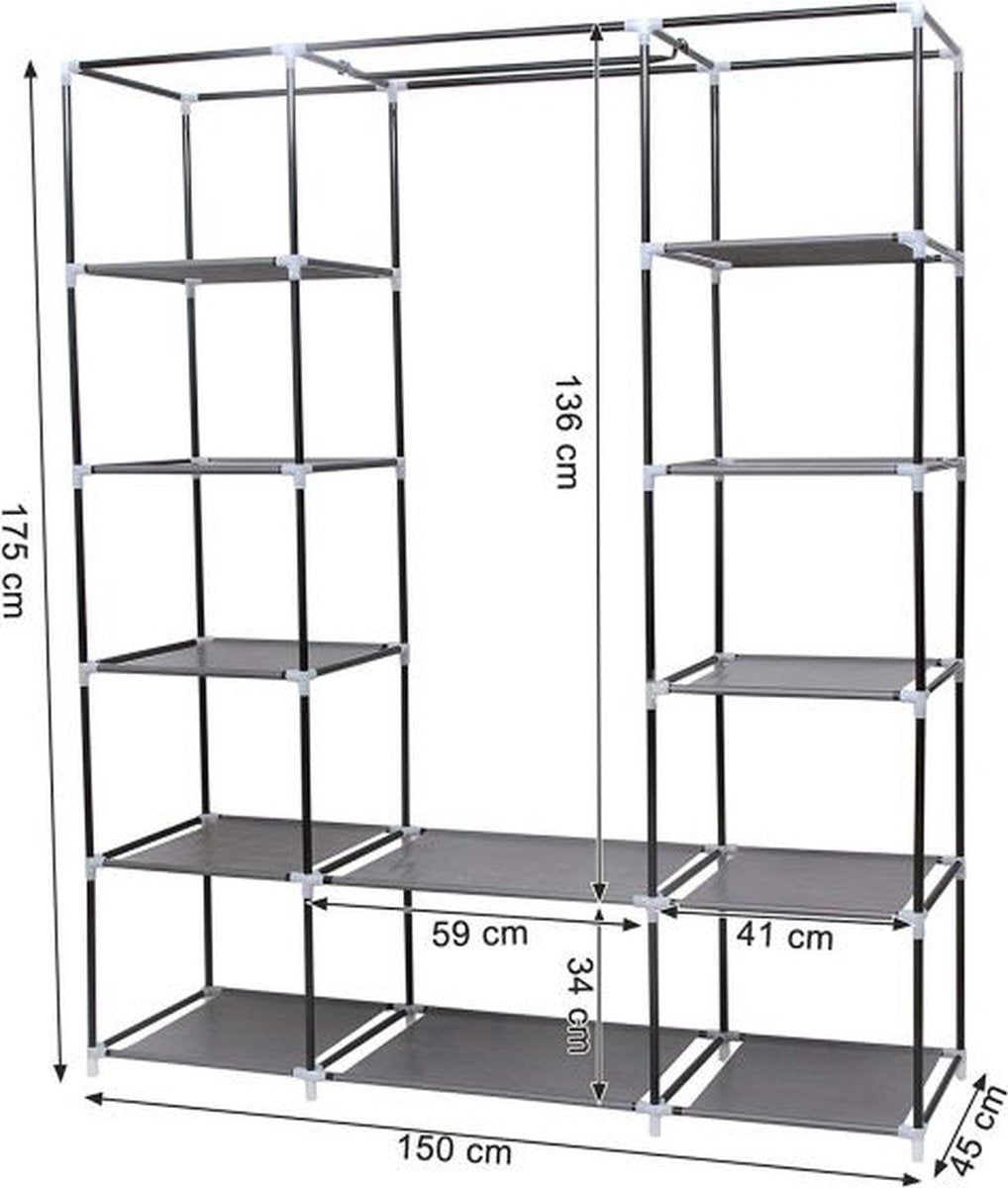 LG Life’s Green Folding Wardrobe – 143x44x169CM – Clothes Rack with 12 Shelves and Hanging Rail – Fabric Wardrobe – 225KG Load Capacity – Grey