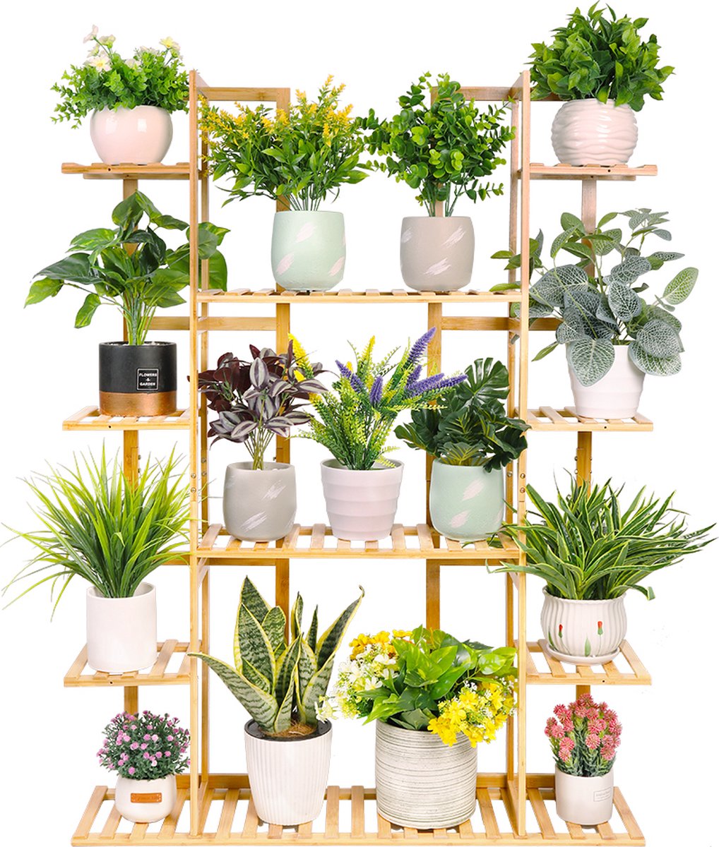 Plantendisplayrek - Wandrek - Voor Planten - Champagnevorm - Ladderrek - 9 Planken - 9 Lagen - Plantenrek - Bamboe - Binnen/buiten