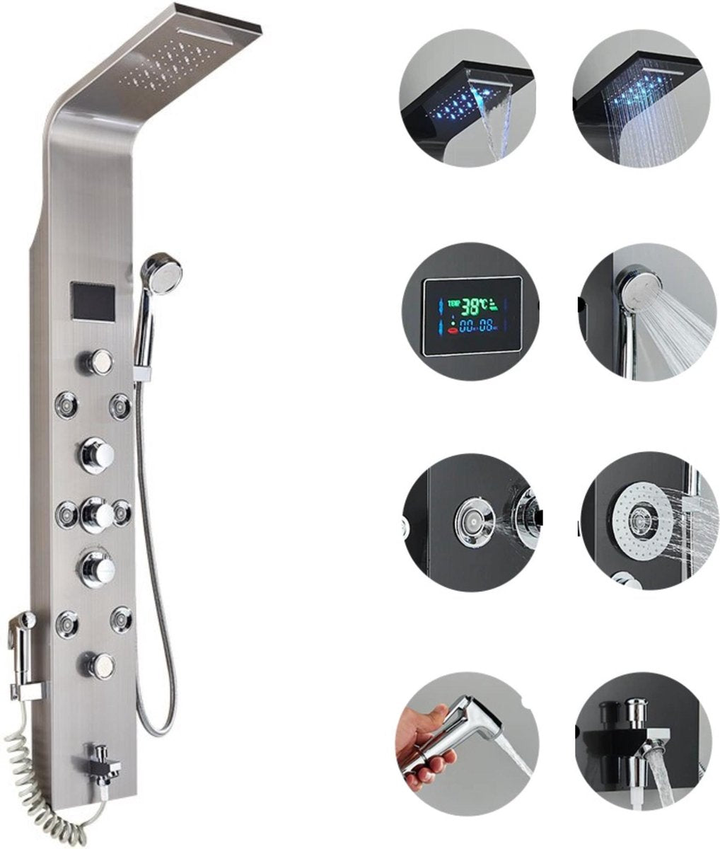 Shower panel SaniSupreme with Massage - Rain shower - Massage Jets - Waterfall Shower - With Thermostatic tap and Handheld shower - Silver - Surface-mounted - Shower head