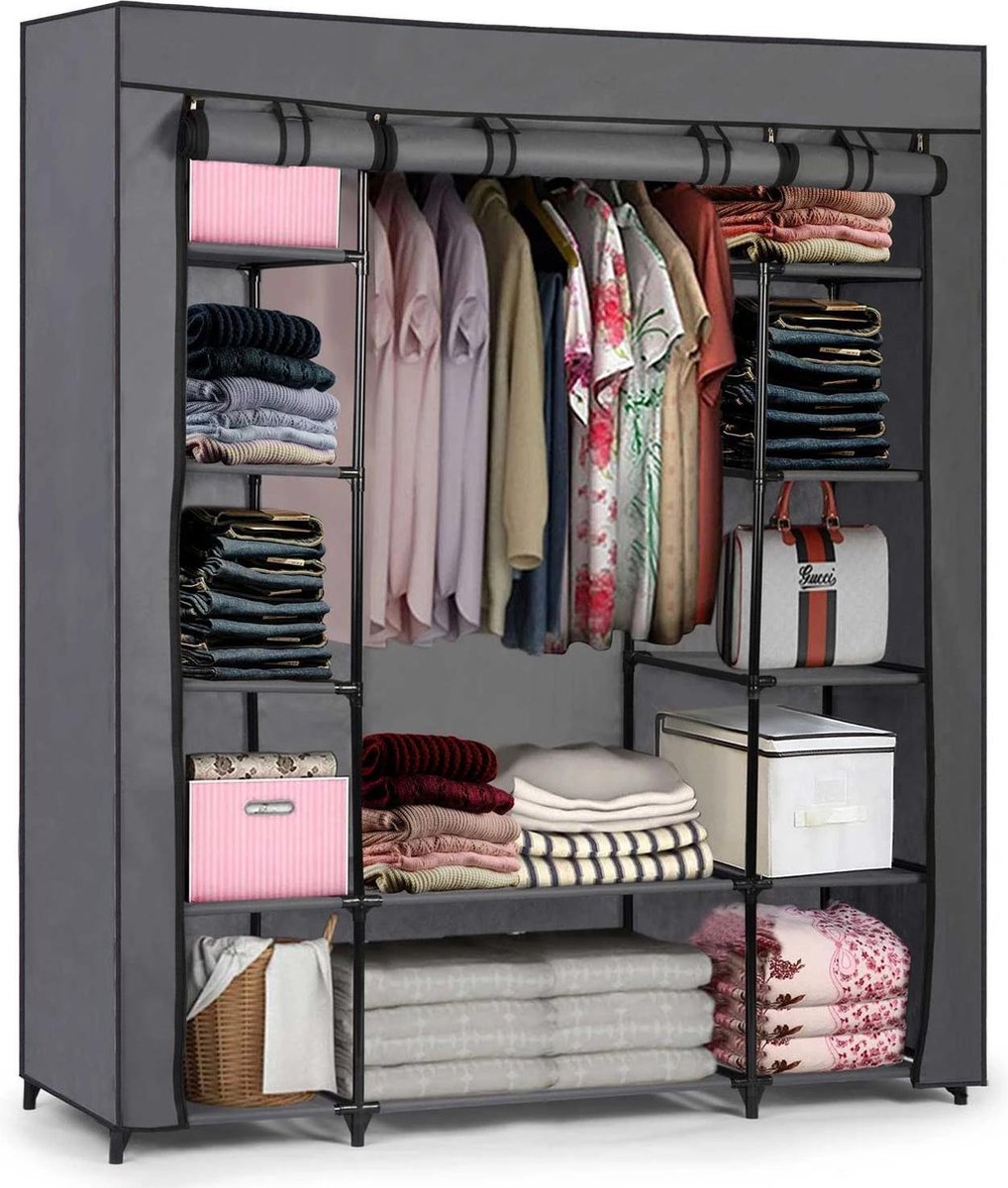 Double Canvas Wardrobe - Foldable Wardrobe - With Clothes Hanging Rail and storage shelves - Fabric Hanging Wardrobe & Shelving Unit - Wardrobe - Dimensions 170 x 135 x 45 cm