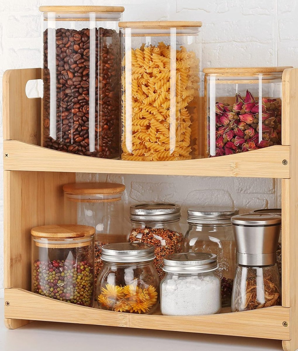 Glazen potten met deksels, keuken opbergcontainers met luchtdichte bamboedeksels voor het bewaren van pasta, noedels, bonen, koffie, granen, rijst, koekjes, noten, grote capaciteit transparant glas opbergpotten 2 stuks 800ml