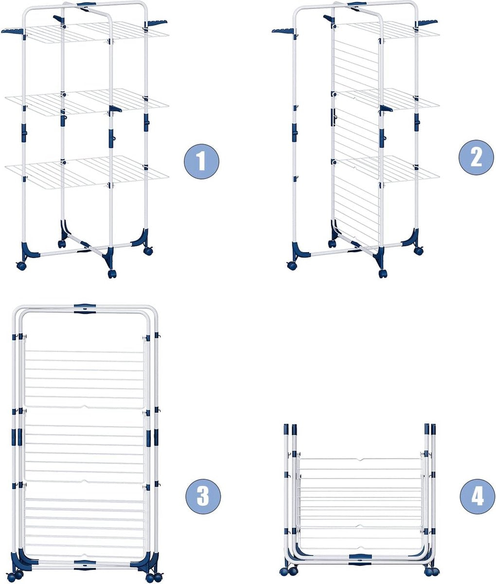 Clothes Dryer Tower, foldable and space-saving, 3 tiers, 6 foldable wings, rollable and stable, mobile tower clothes dryer, drying rack for large families indoor and outdoor, White and Blue
