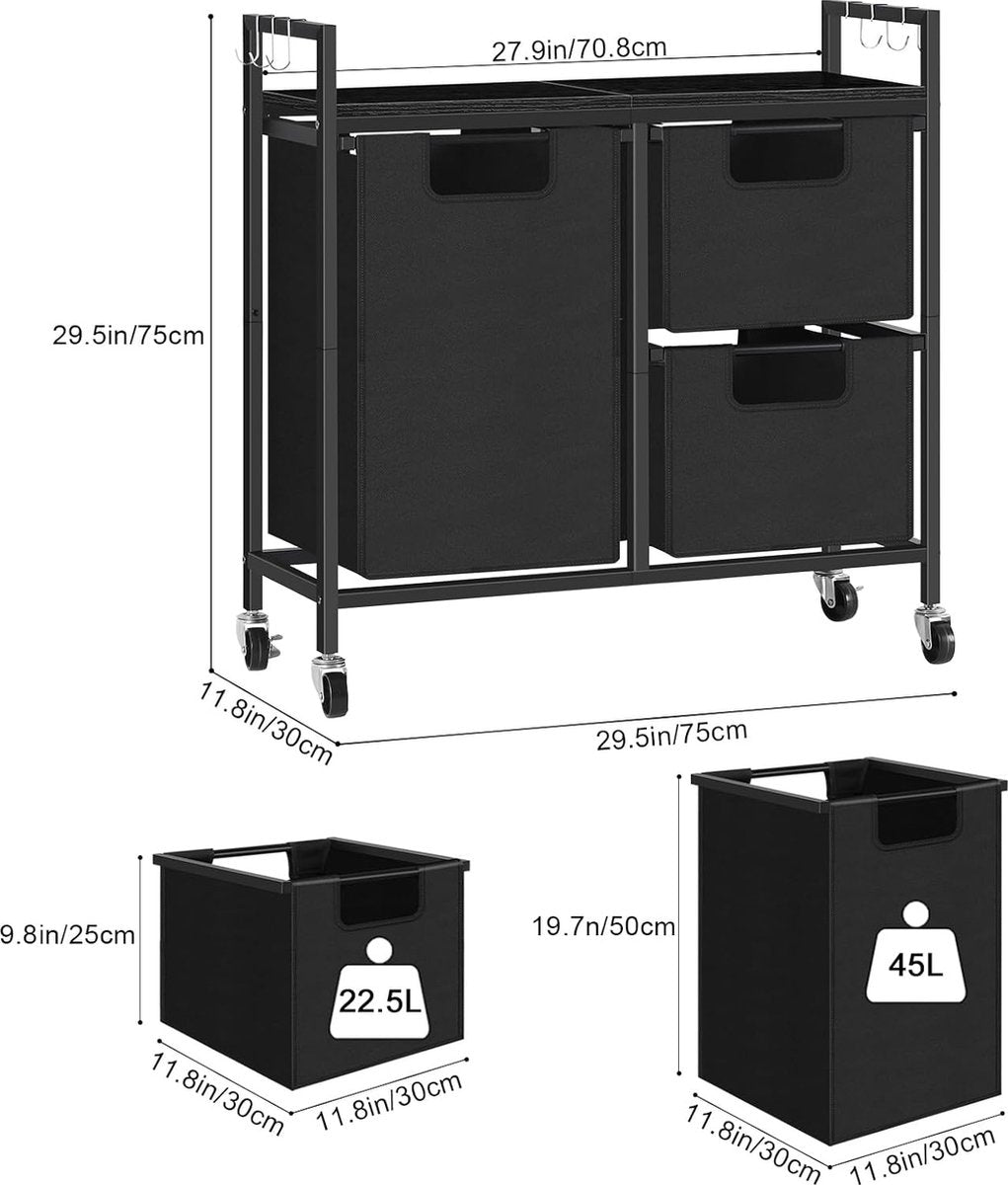 Laundry basket with 3 compartments and shelf, rustic Oxford fabric laundry bag, pull-out and removable sorting of clothes, laundry baskets with wooden plate and wheels, black