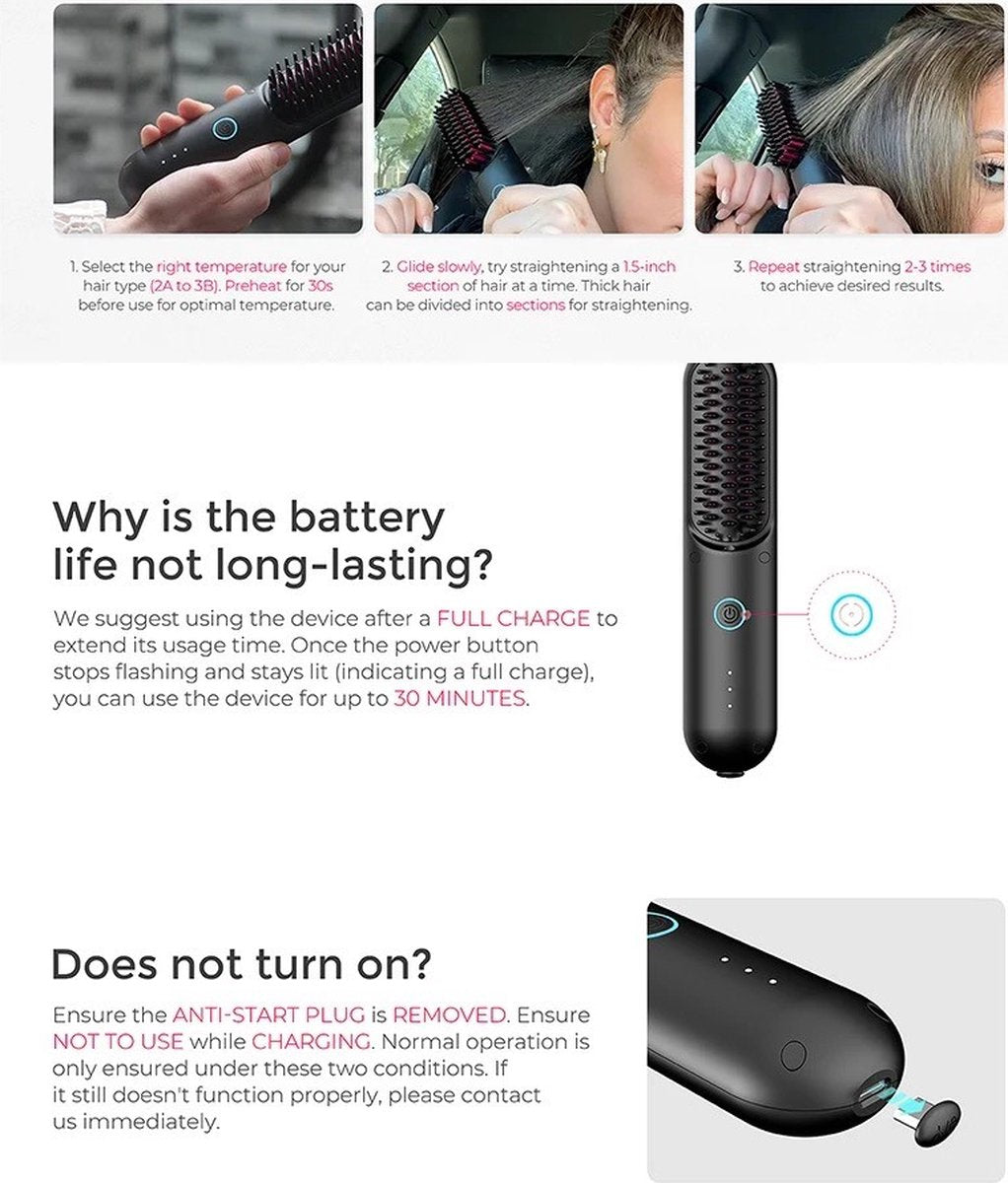Uzzy M.F Draadloze Stijlborstel Keramisch - ionen technologie - Usb oplaadbaar - Stijl borstel - Warmte borstel - Brush - Stijl kam - Elektrische haarborstel