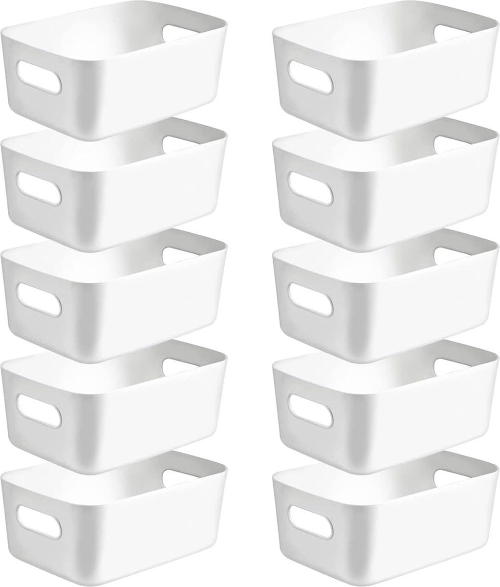 Pack of 10 Storage Bins, Plastic Storage Basket, Kitchen Cabinet Organiser with Handles, Baskets, Plastic Box for Bathroom, Kitchen, Pantry (White, Medium)