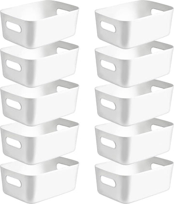 Pakket van 10 opbergdozen, plastic opbergmand, keukenkastorganizer met handvatten, manden, plastic doos voor badkamer, keuken, voorraadkast (wit, middelgroot)