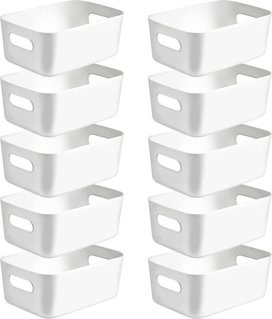 Pack of 10 Storage Bins, Plastic Storage Basket, Kitchen Cabinet Organiser with Handles, Baskets, Plastic Box for Bathroom, Kitchen, Pantry (White, Medium)