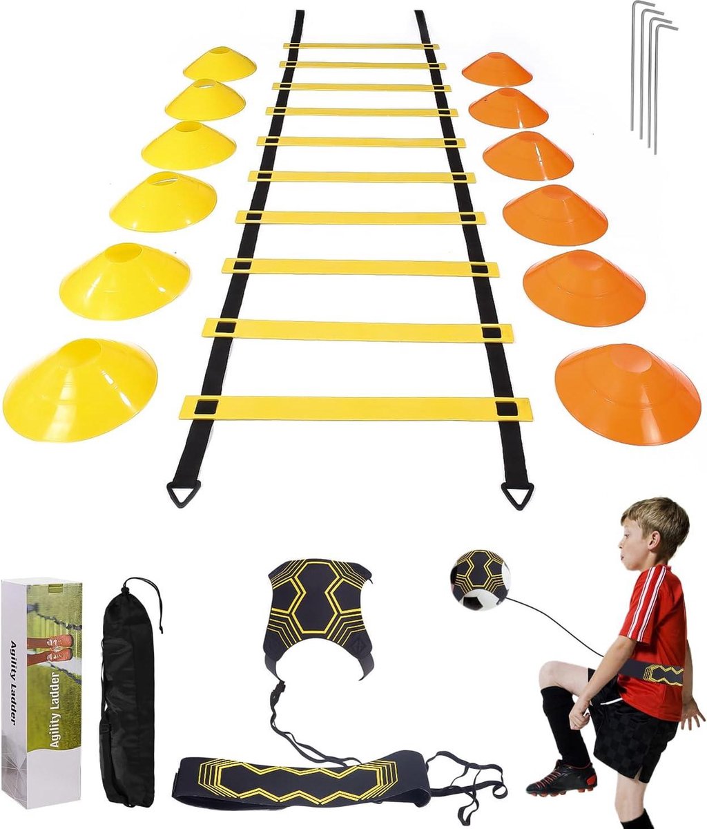 Solo Training Agility Ladder - Kick Trainer for Football - 6 Meters - 12 Disc Cones - Speed and Agility Training Drills Football training equipment