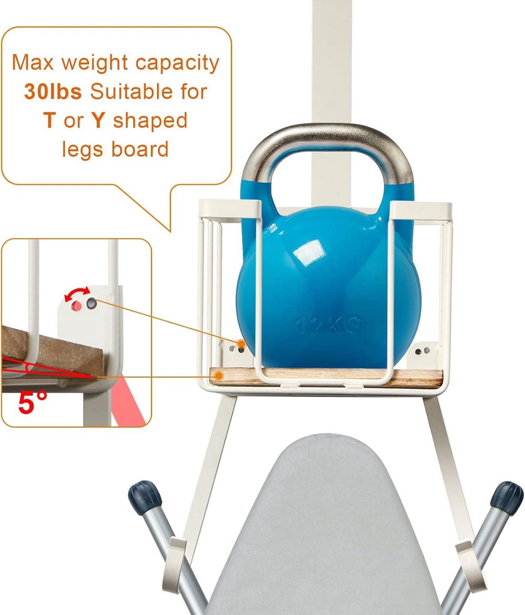 Ironing board holder wall mount with large storage basket - laundry room holder for iron and board - spray bottle storage rack Ironing board