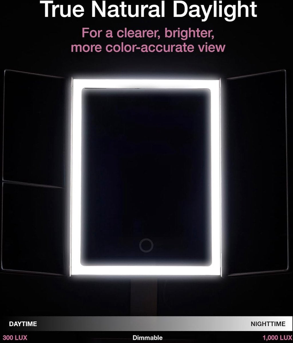 Makeup Mirror with Natural LED Light and 5x & 7x Magnification - Three-Sided Makeup Mirror with Dimmable Lighting Touch Screen Stand - Sora (Black)